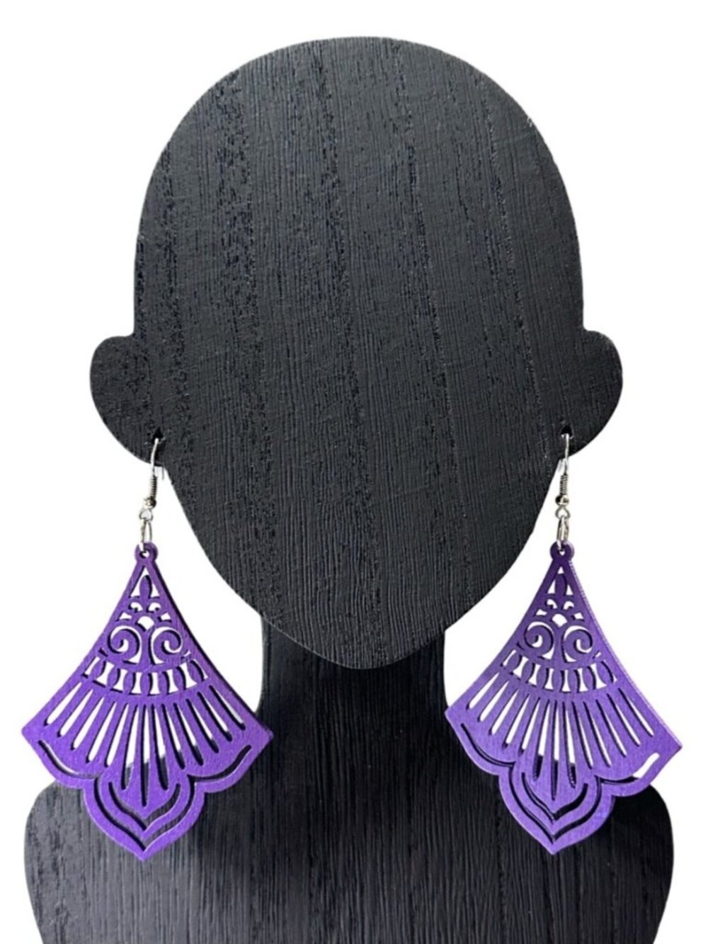Purple Geometric Lightweight Laser Cut Earrings Wood Cut Out 3.5 Inch Drop NWOT